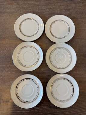 Franciscan China Set of 4 saucers and 2 dessert plates Gold Silver bands Vintage